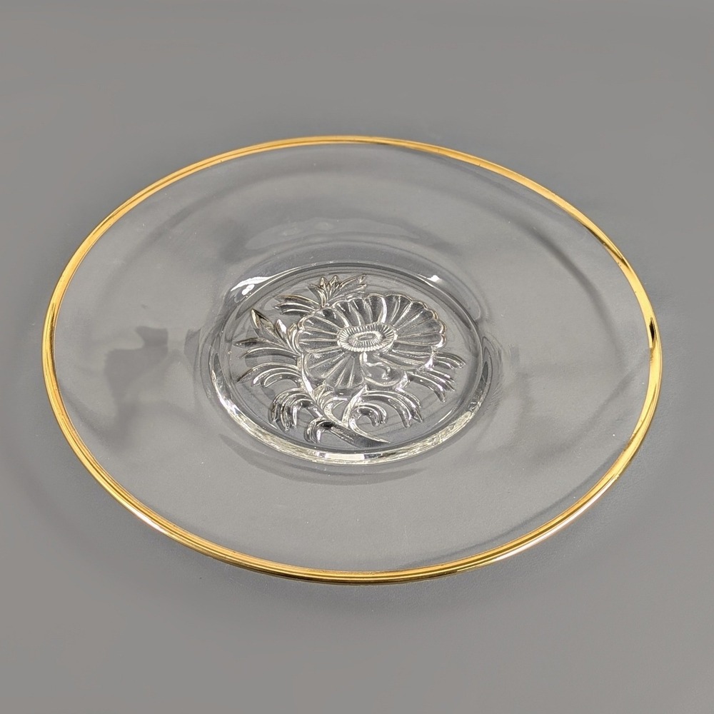 Vintage Clear Glass Charger Plate Gold Rim Embossed Floral Center 12 Inch
